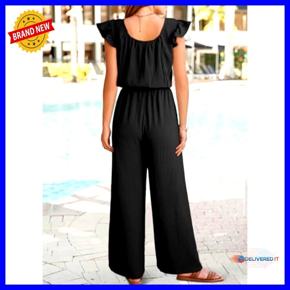 Summer Ruffle Sleeve Square Neck Jumpsuit Drawstring Waist Wide Leg Pockets - Picture 2 of 7